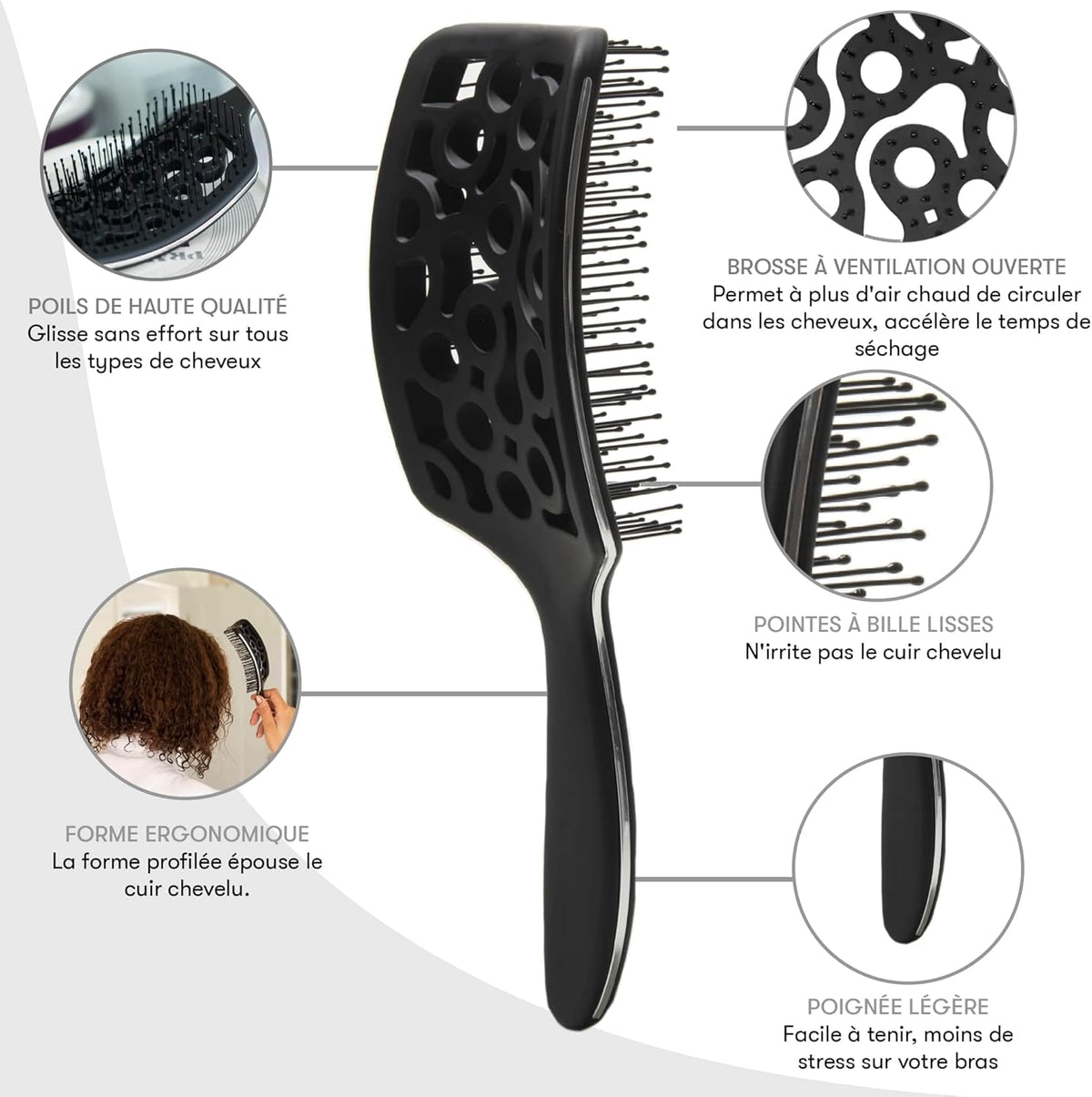 Brosse Démêlante Cheveux Bouclés Cheveux Bouclés, Démêlante, Noir